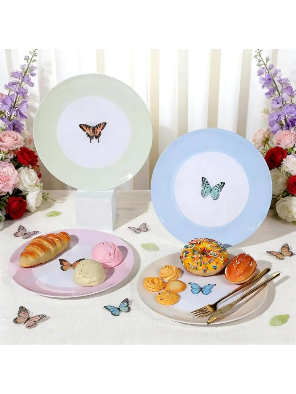 4-Piece 10-Inch Butterfly Melamine Plates - Reusable Pastel Dinnerware Set for